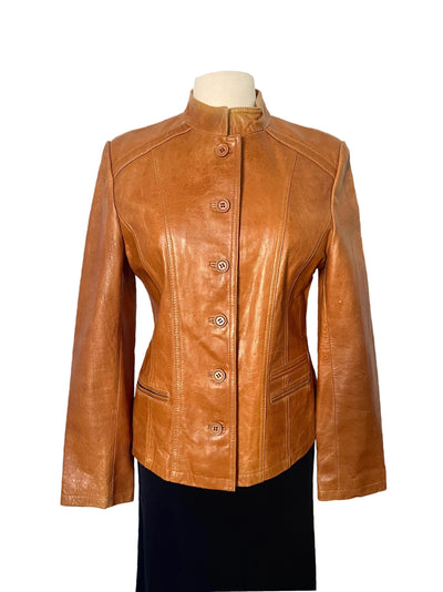 Veste Vintage Cuir Véritable Camel Orangé - Col Officier - Taille 38/40 (M)