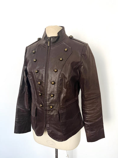 Veste vintage en cuir véritable marron style officier – Taille 40