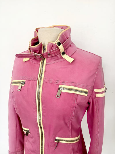 Veste vintage style biker bicolore rose et beige – Taille 38/40
