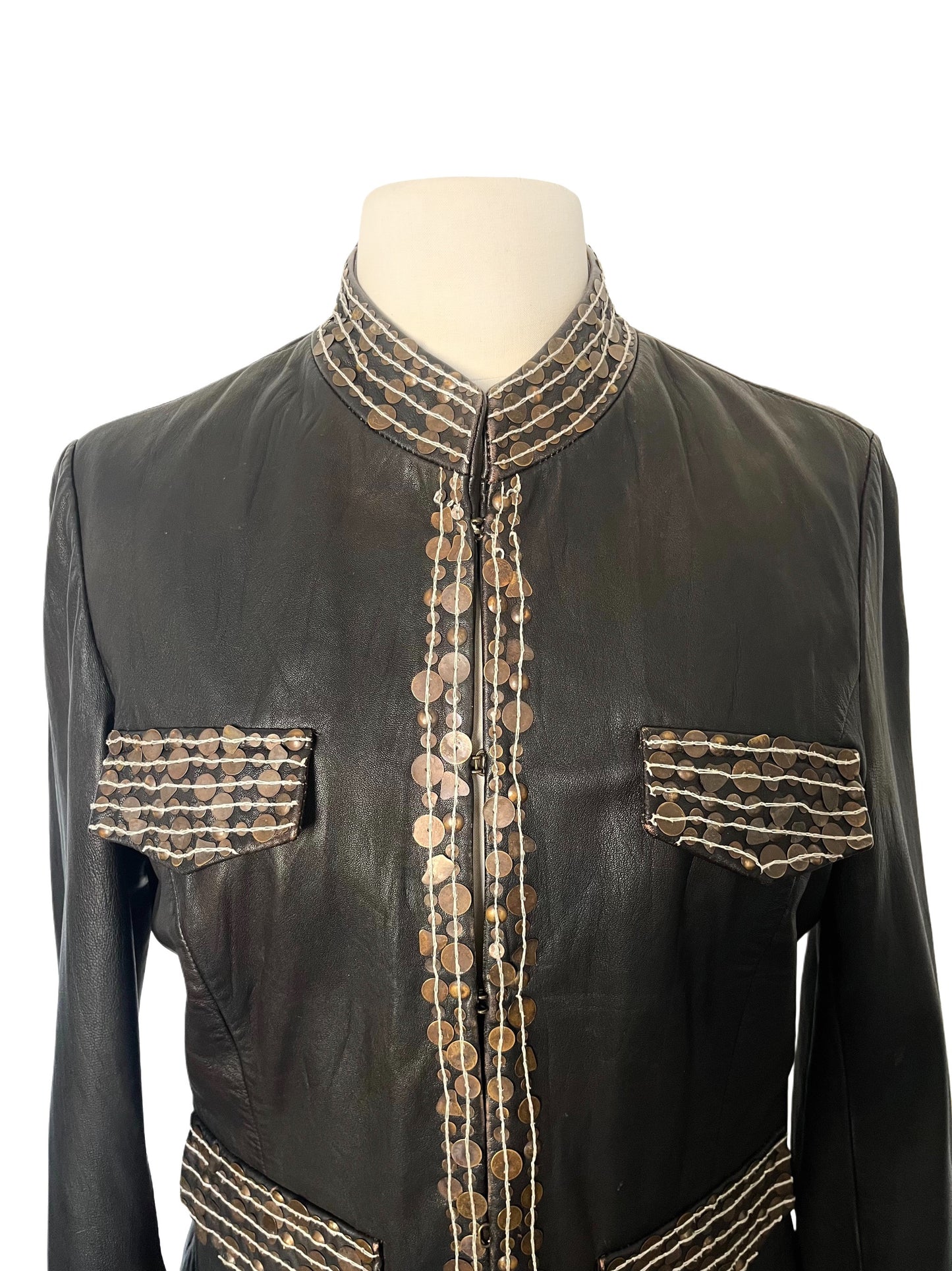 Veste En Similicuir Marron À Broderies & Sequins Mordorés (Made In India) — Taille 42/44