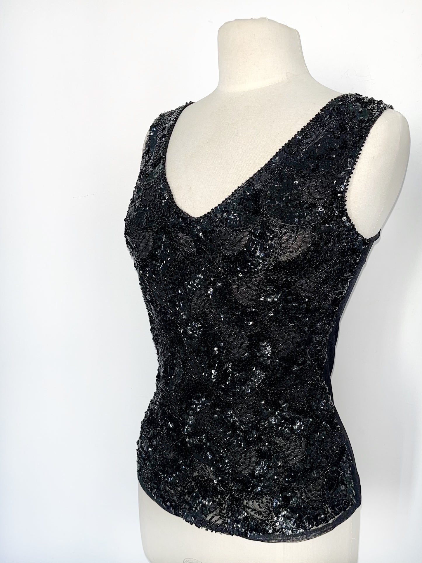 Top vintage en mesh noir brodé sequins et perles – Taille L/40