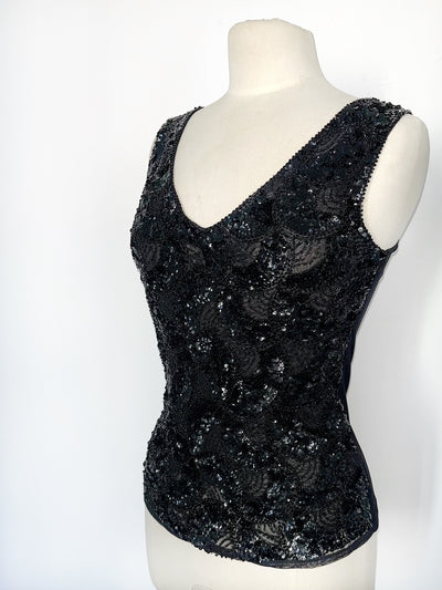 Top vintage en mesh noir brodé sequins et perles – Taille L/40