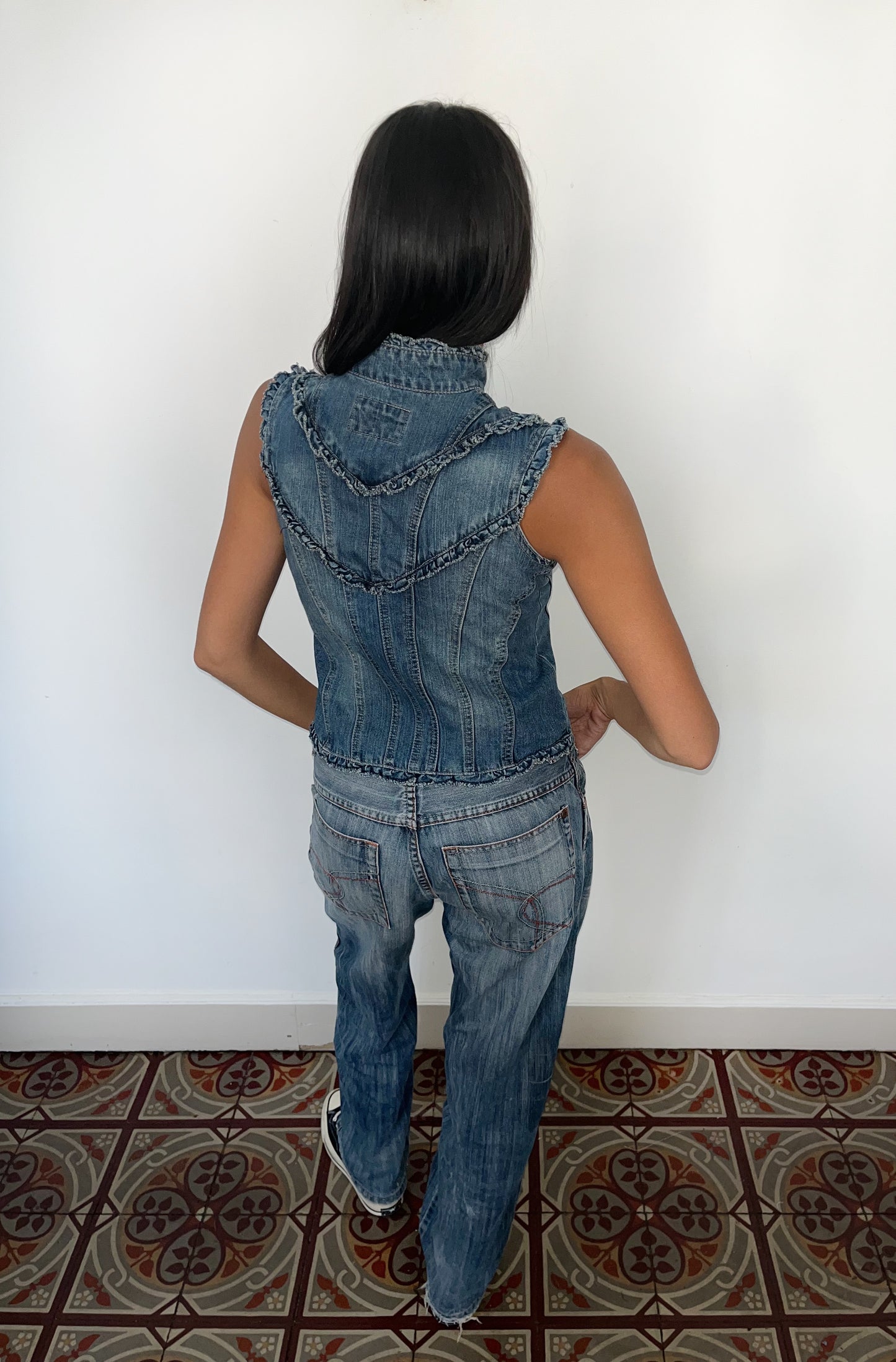 Veste vintage sans manches en jean style officier – Taille 36/38