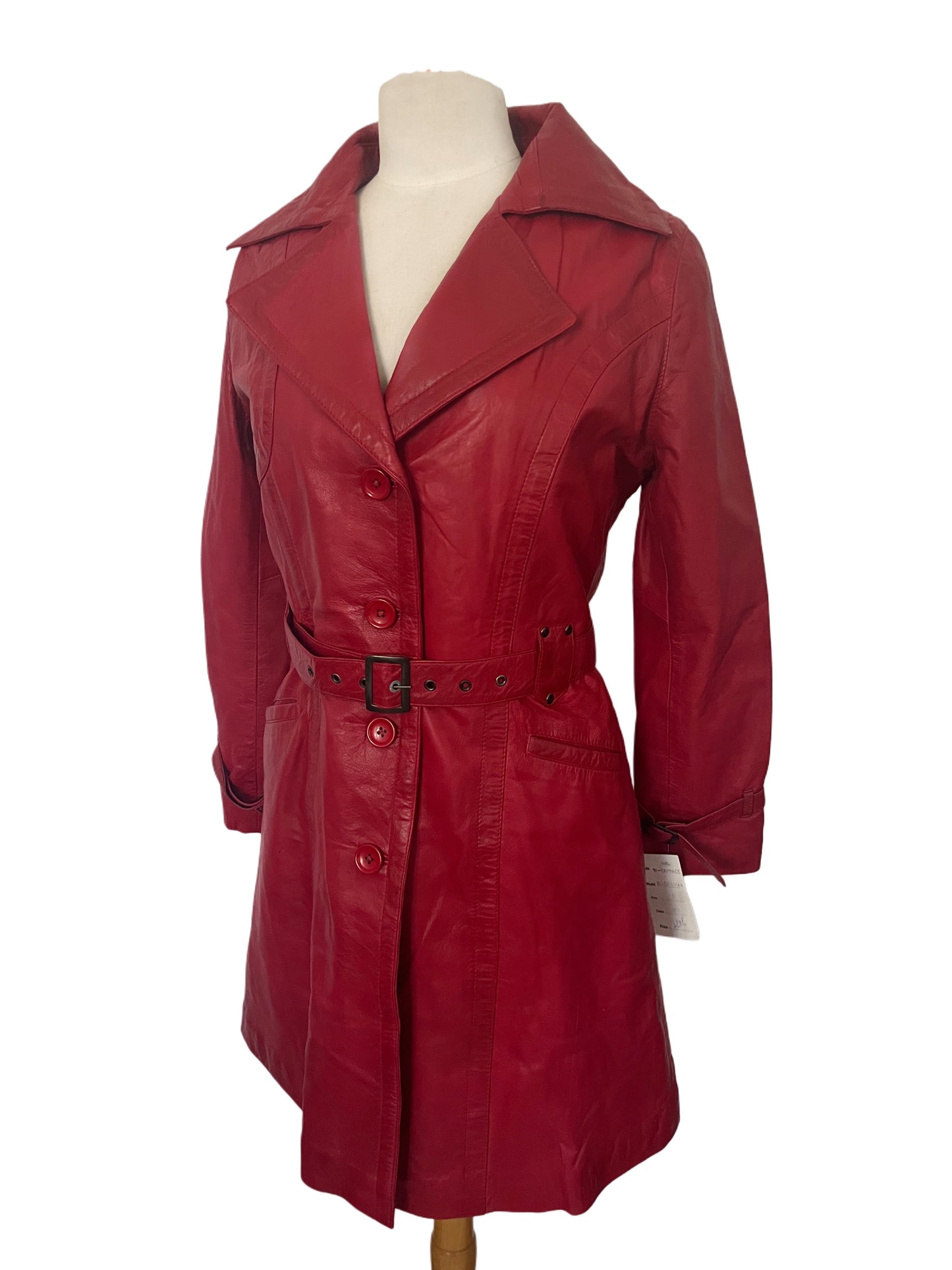 Carrie – Manteau long vintage en cuir véritable rouge, neuf avec étiquette