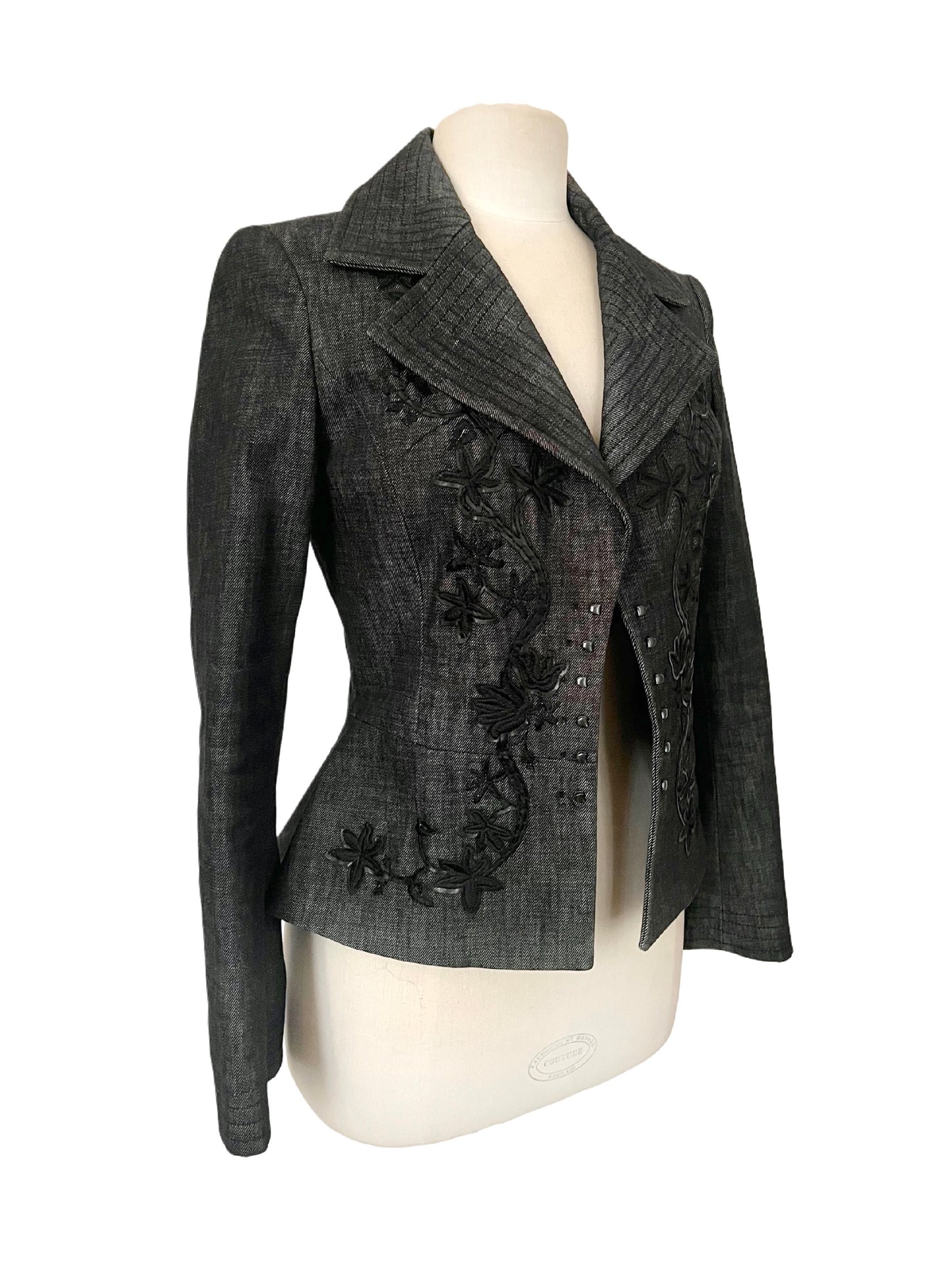 Veste vintage cintrée grise à broderies florales - Coupe structurée - 38/M