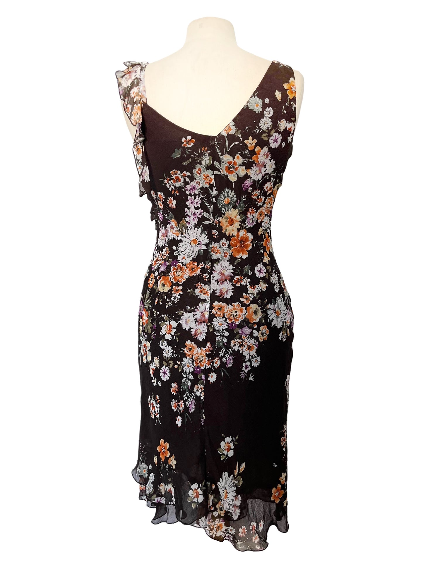 Robe Mi-Longue Fluide et Asymétrique — 38 FR (M) — Imprimé Fleuri Chocolat — Style Romantique Y2K