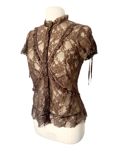 Top Vintage En Dentelle Marron & Biais Satinés — (Made In Poland) — Taille L/40