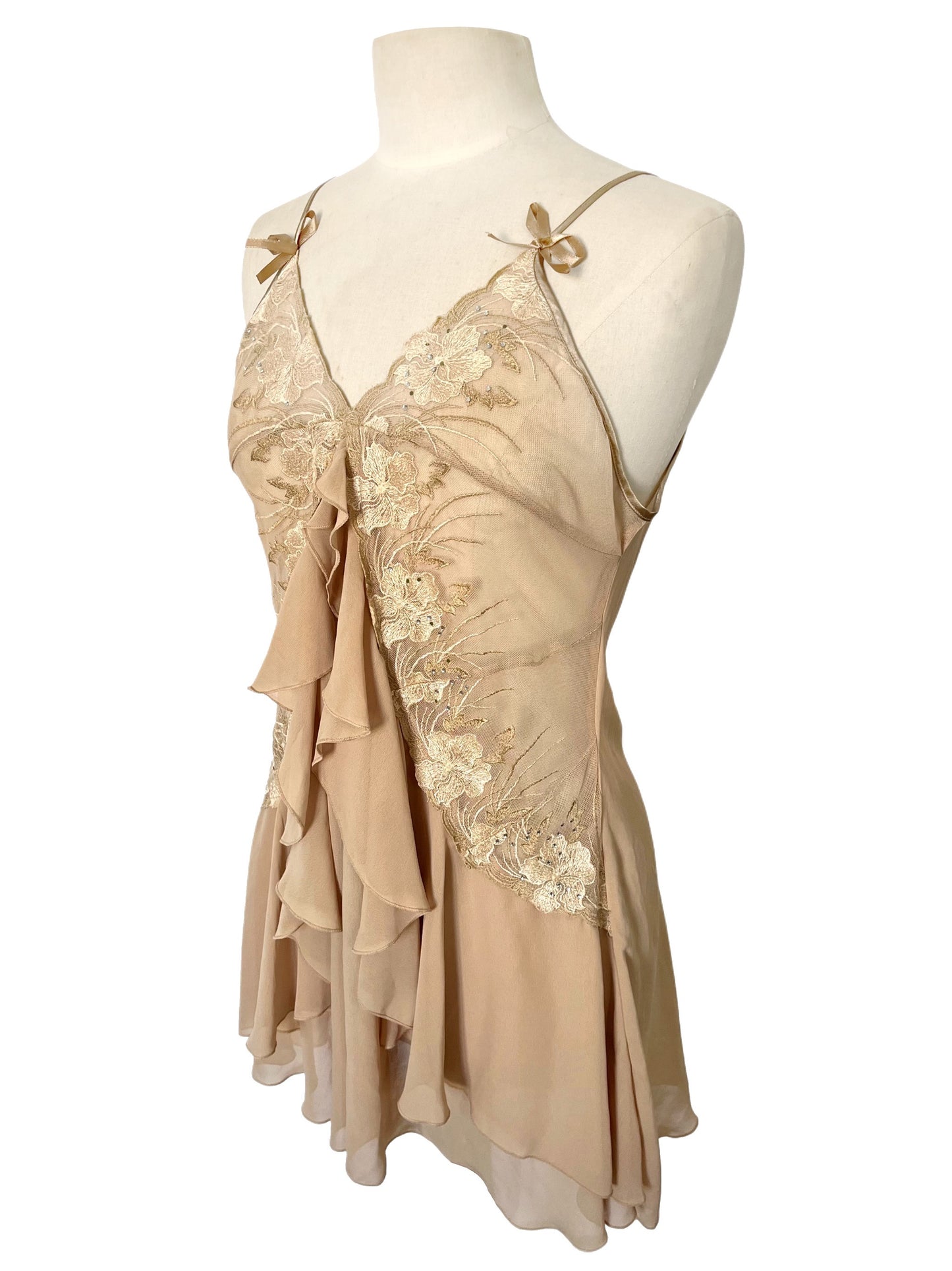 Robe Style Lingerie en Mousseline Beige — 34/36 (XS/S) — Dentelle, Strass & Dos Corset — Style Coquette / Fairycore Y2K