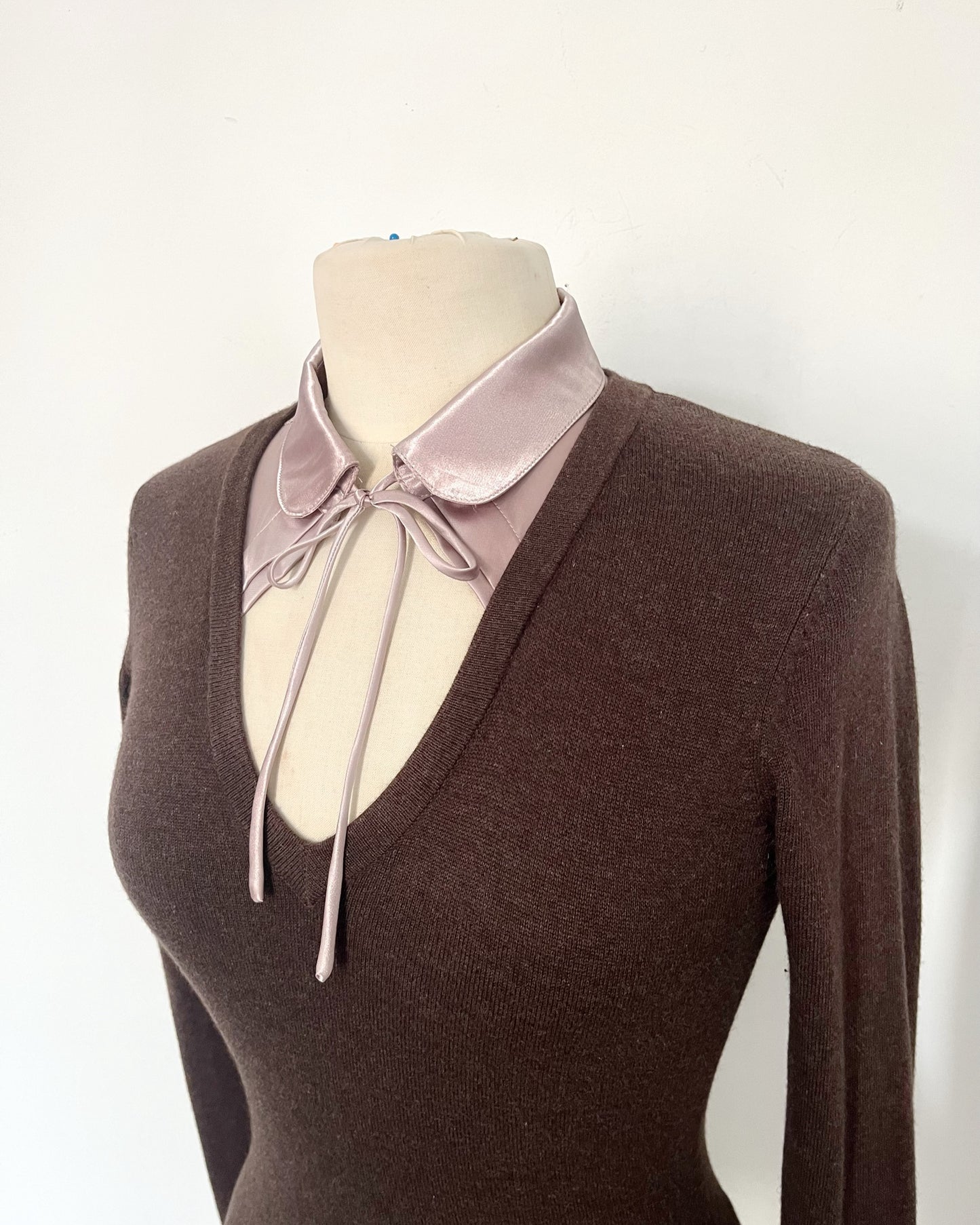 Pull fin vintage à col en soie rose parme - Taille 38