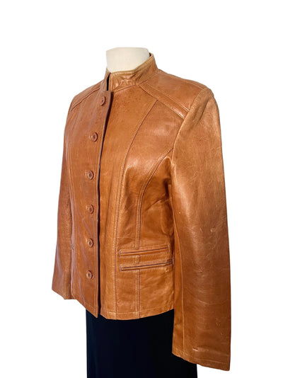 Veste Vintage Cuir Véritable Camel Orangé - Col Officier - Taille 38/40 (M)