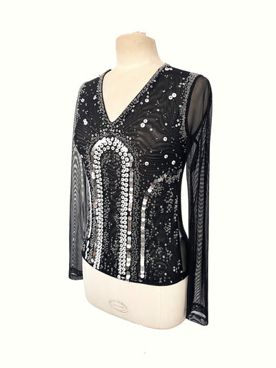 Top mesh vintage manches longues – broderies perlées et sequins – T38 extensible