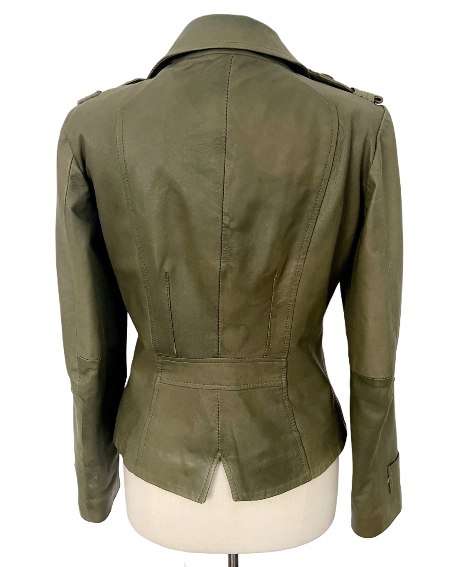 Veste vintage en cuir véritable kaki – Coupe caban cintrée – Taille 40/42