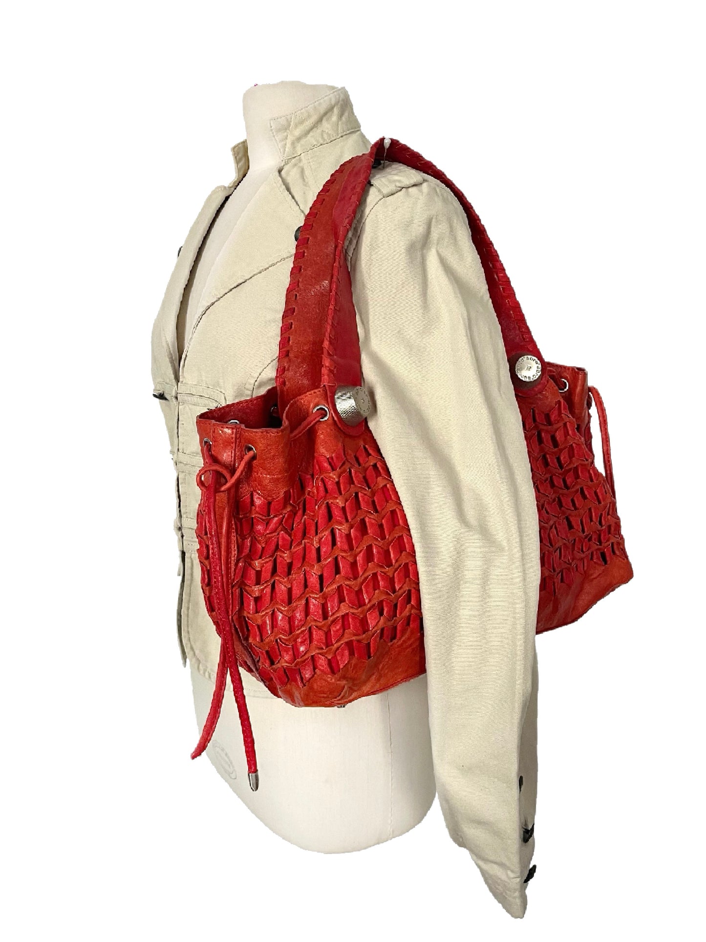 SAC CABAS VINTAGE EN CUIR TRESSÉ ROUGE - ABRO ( MODÈLE RARE )
