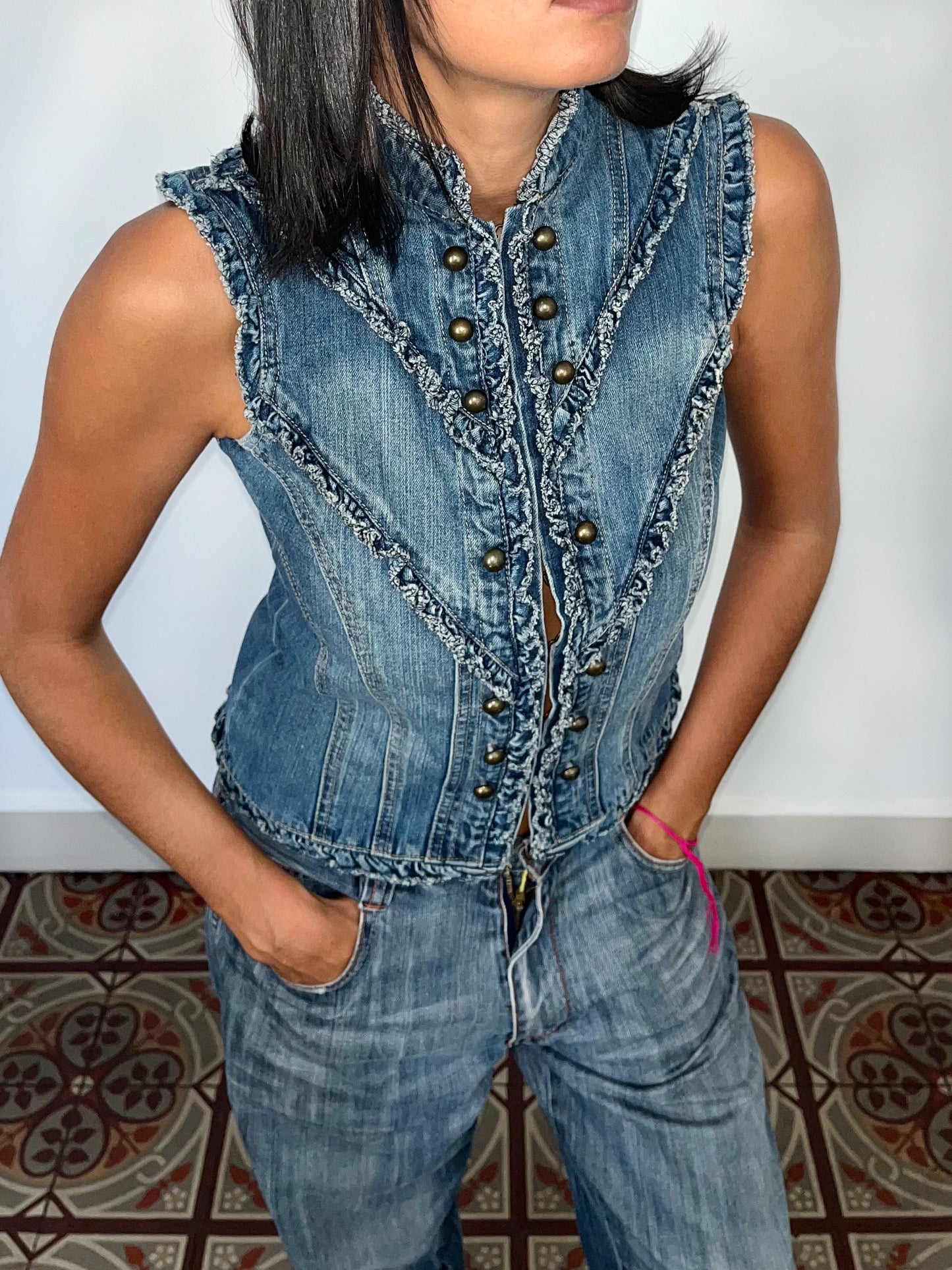 Veste vintage sans manches en jean style officier – Taille 36/38