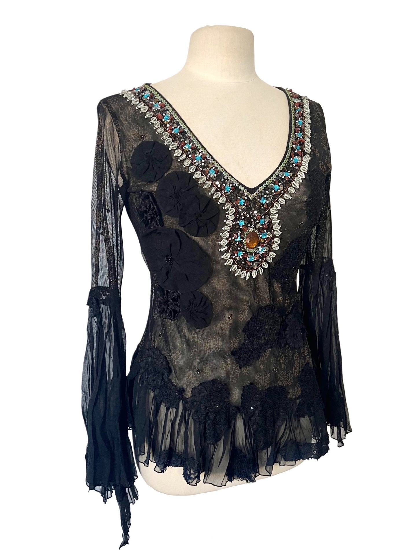 Top Vintage Asymétrique Mesh & Broderies Perlées - Bohème Chic - Taille 38/40 (M)
