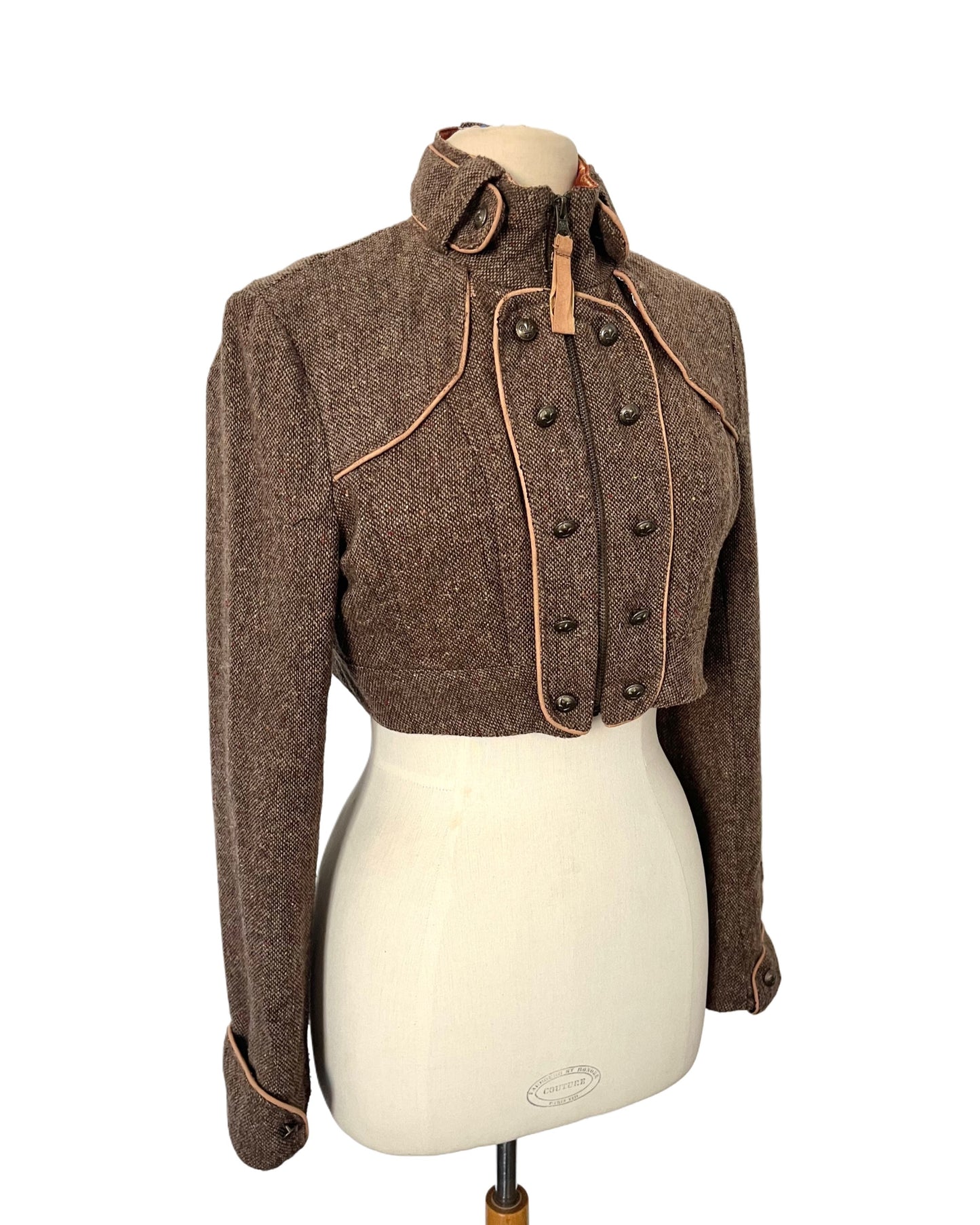 Veste vintage courte style officier en laine mouchetée – Taille L