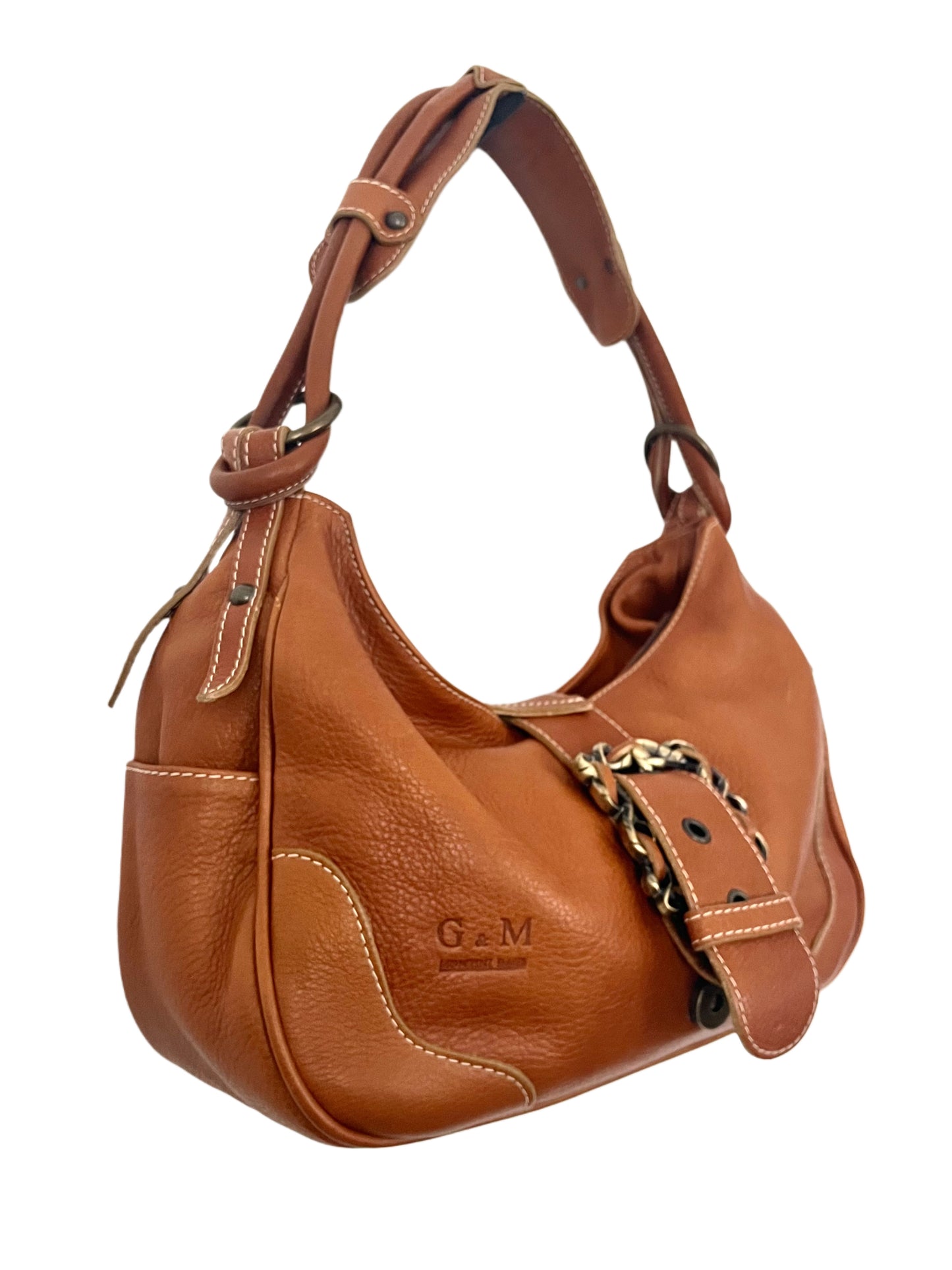 Sac Demi-Lune Vintage en Cuir Grainé Camel — (Made in Italy) — Format Medium