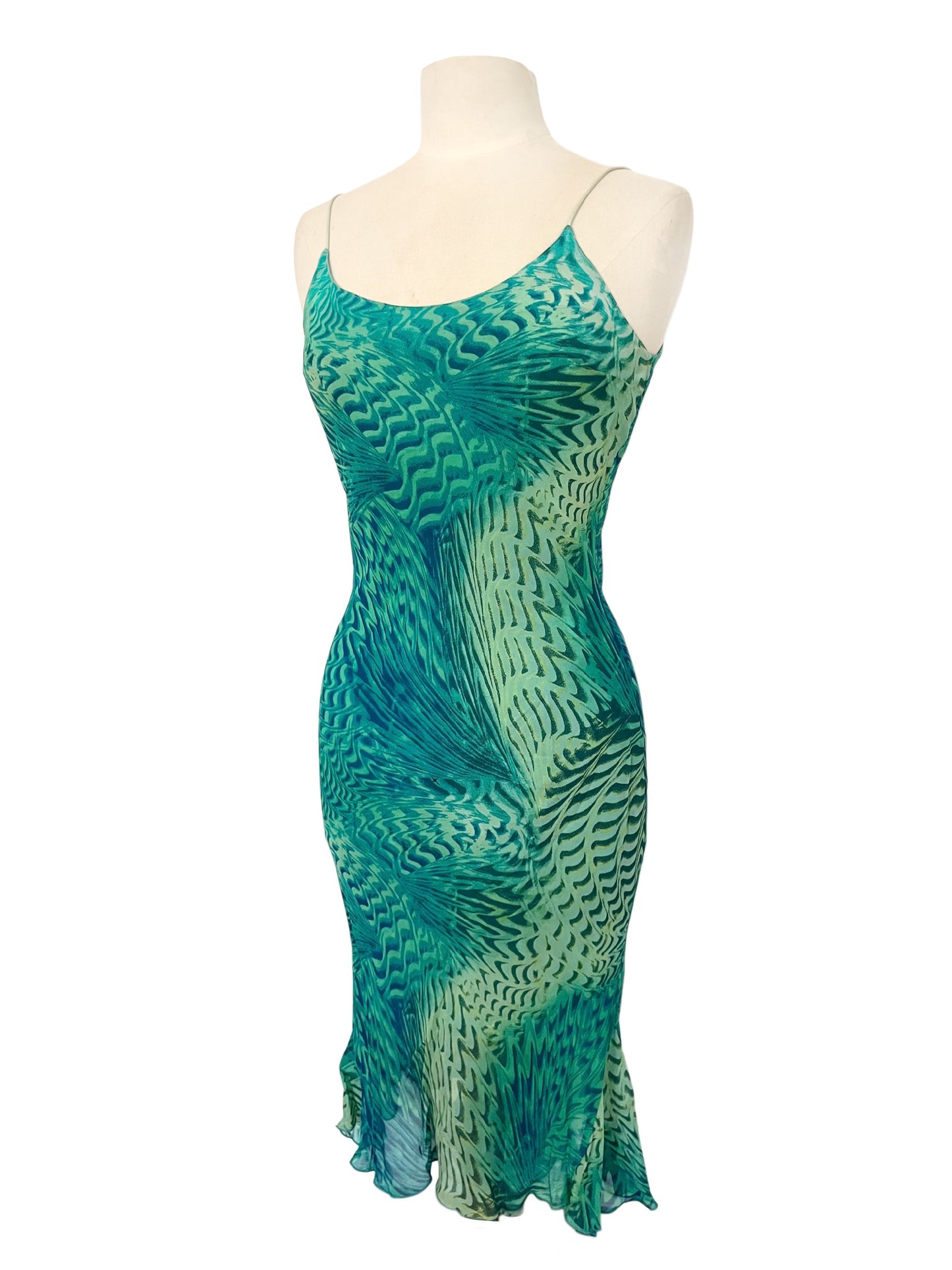 Robe à Fines Bretelles et Motifs Psychédéliques Turquoise / Vert — taille 36/38 — Pièce Vintage