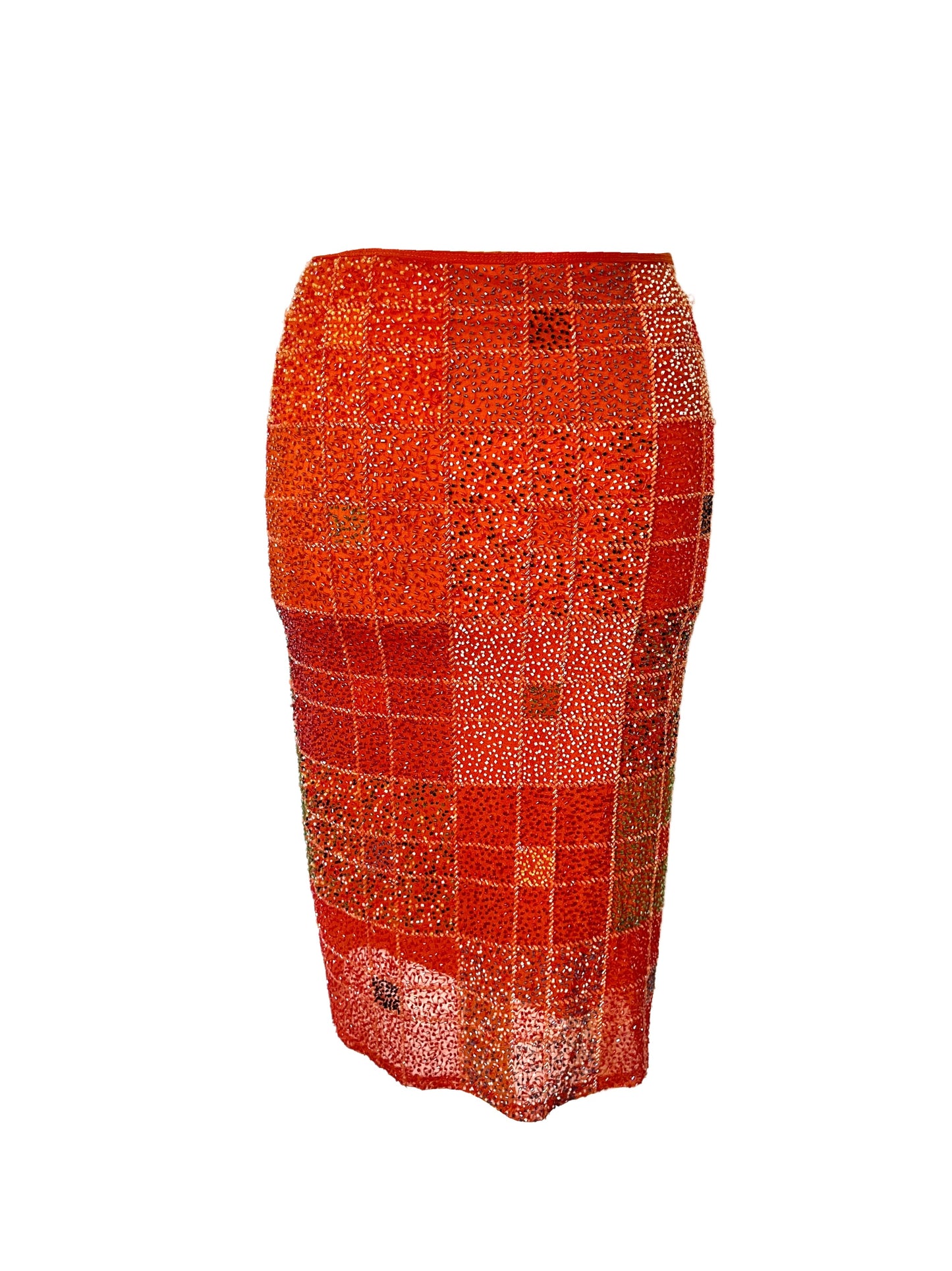 Jupe Midi Vintage Y2K Entièrement Perlée - Motif Géométrique Tons Chauds - Taille 38 (M)