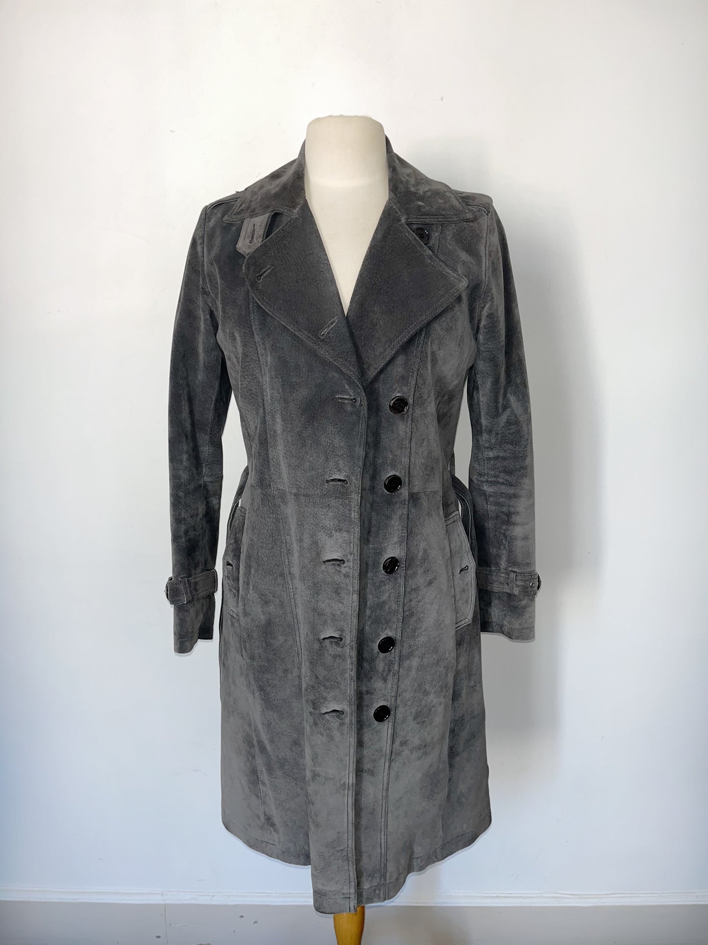 Manteau vintage long en cuir gris souris – Taille 38/40