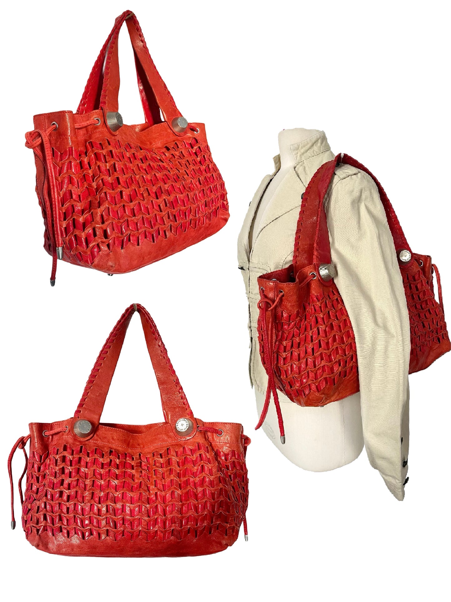 SAC CABAS VINTAGE EN CUIR TRESSÉ ROUGE - ABRO ( MODÈLE RARE )