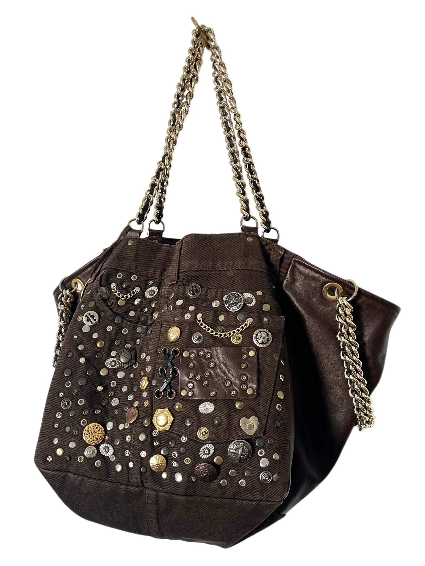 Grand sac bi-matière cuir & denim clouté — Très bon état — Format XL
