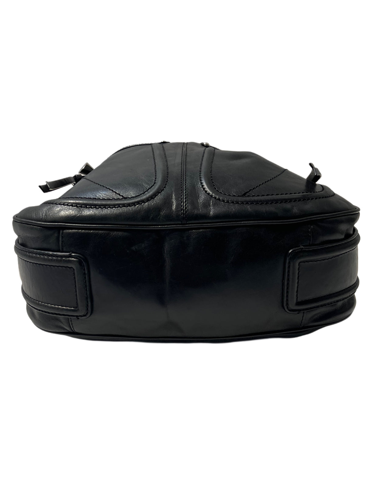 Sac à Main Francesco Biasa Demi-Lune Vintage en Cuir Lisse Noir — Bijouterie Argentée — Made in Italy