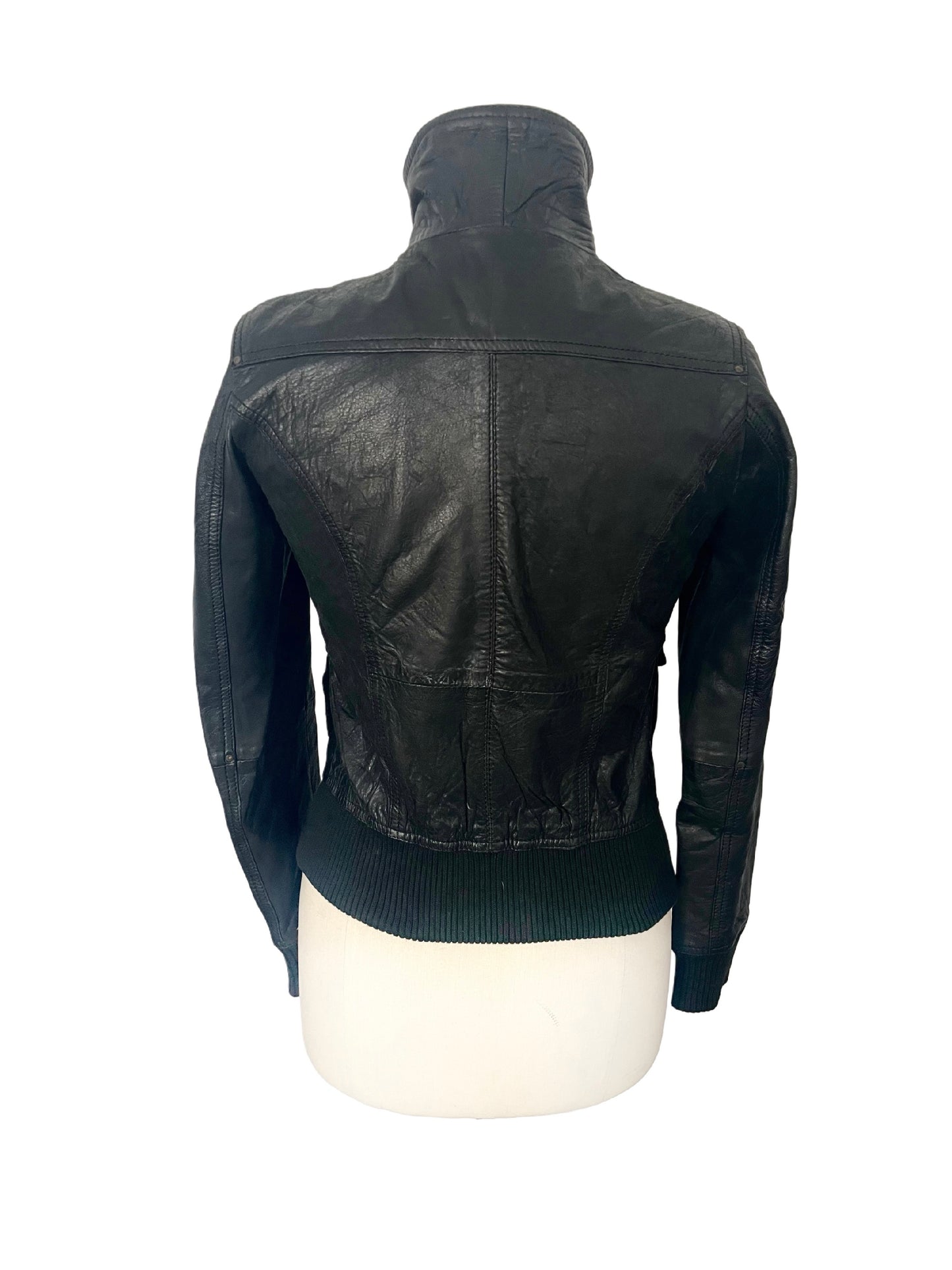ASHLEY - Blouson vintage en cuir véritable noir – Taille 38
