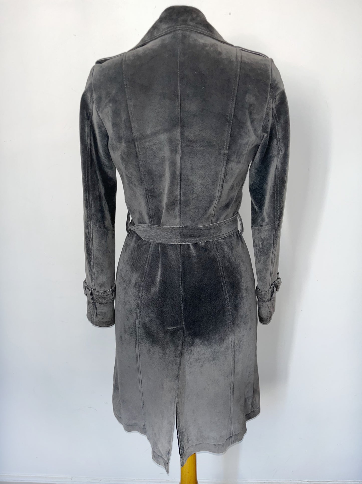 Manteau vintage long en cuir gris souris – Taille 38/40