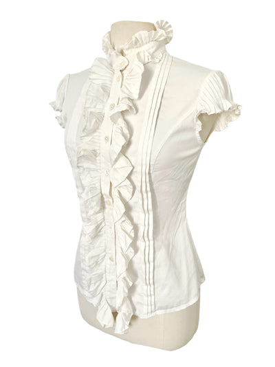 Blouse Vintage à Col Montant & Volants — ( Made in Italy ) — Taille 38/40 —  Néo-Romantique