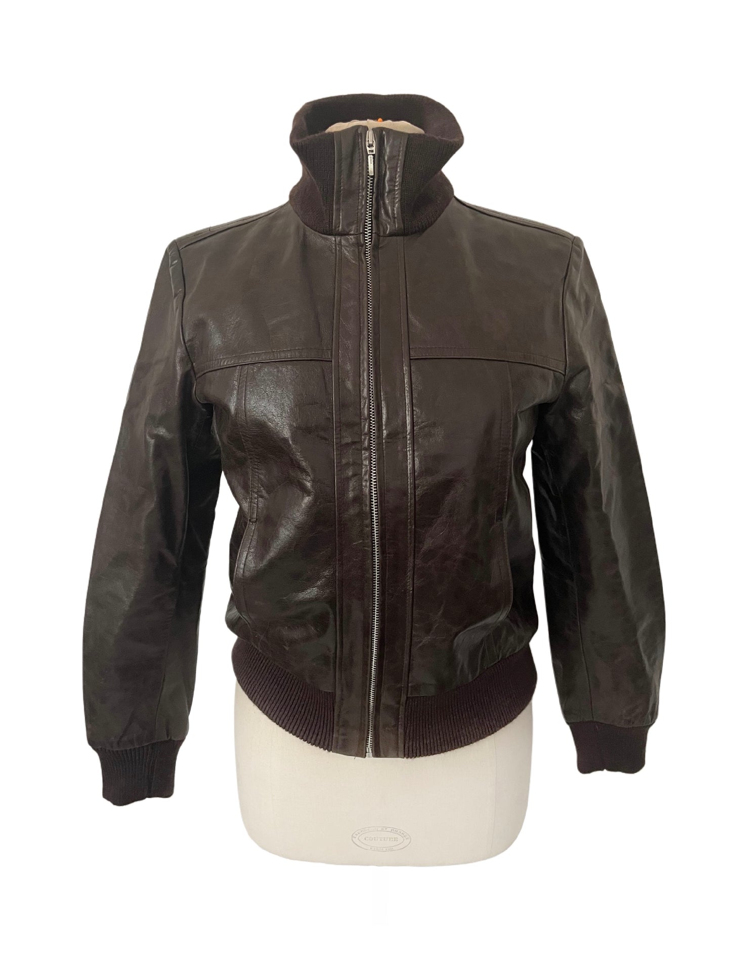 Biley – Veste bomber vintage en cuir véritable marron, col montant, taille 38