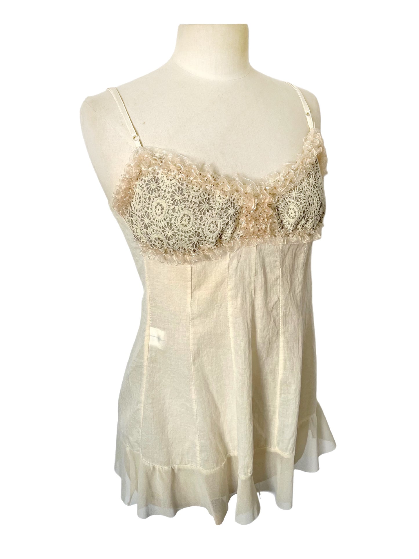 Top Nuisette Romantique Beige — 38/40 FR (M/L) — Dentelle, Coton et Mesh — Style Coquette Y2K