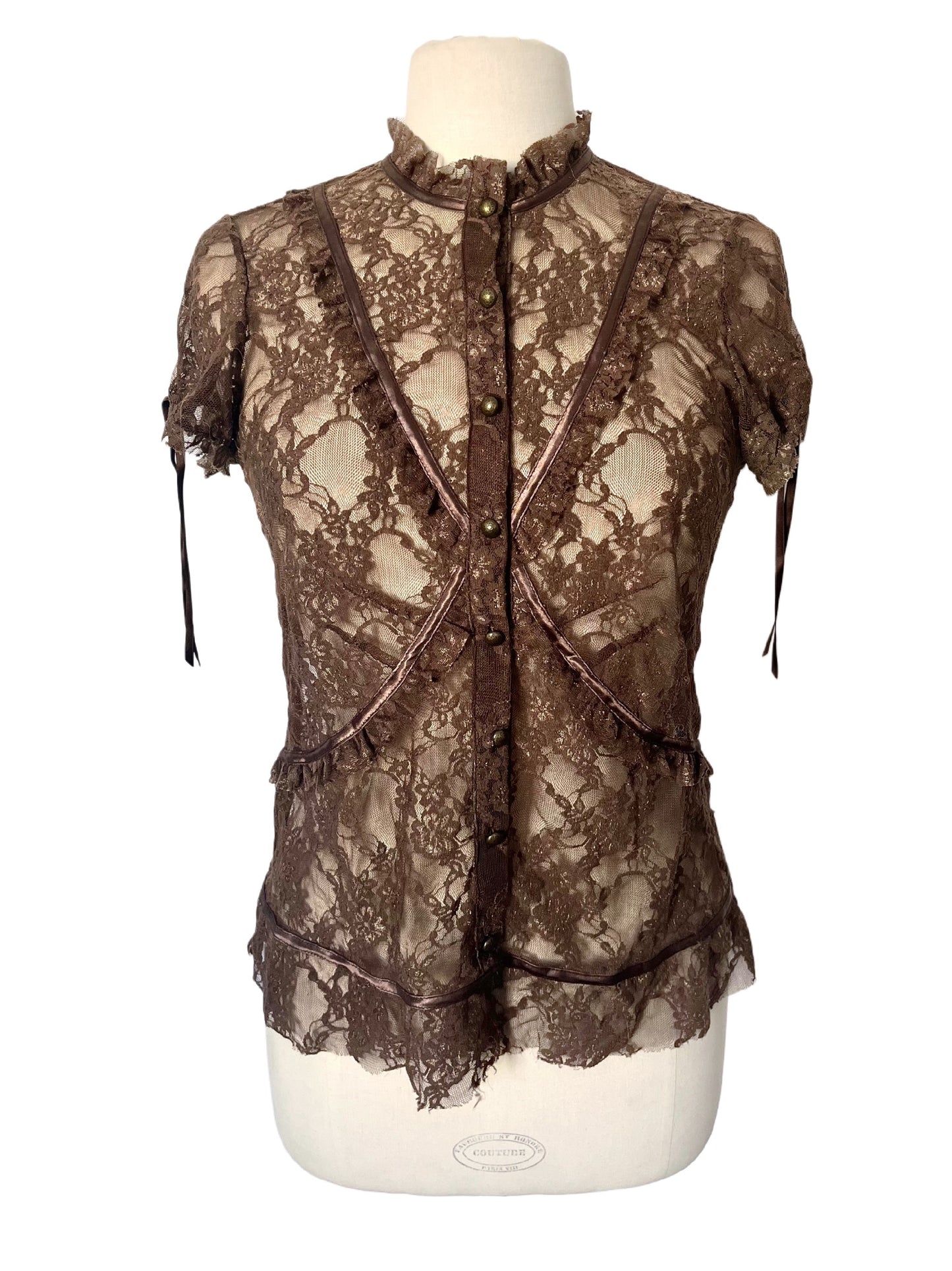 Top Vintage En Dentelle Marron & Biais Satinés — (Made In Poland) — Taille L/40