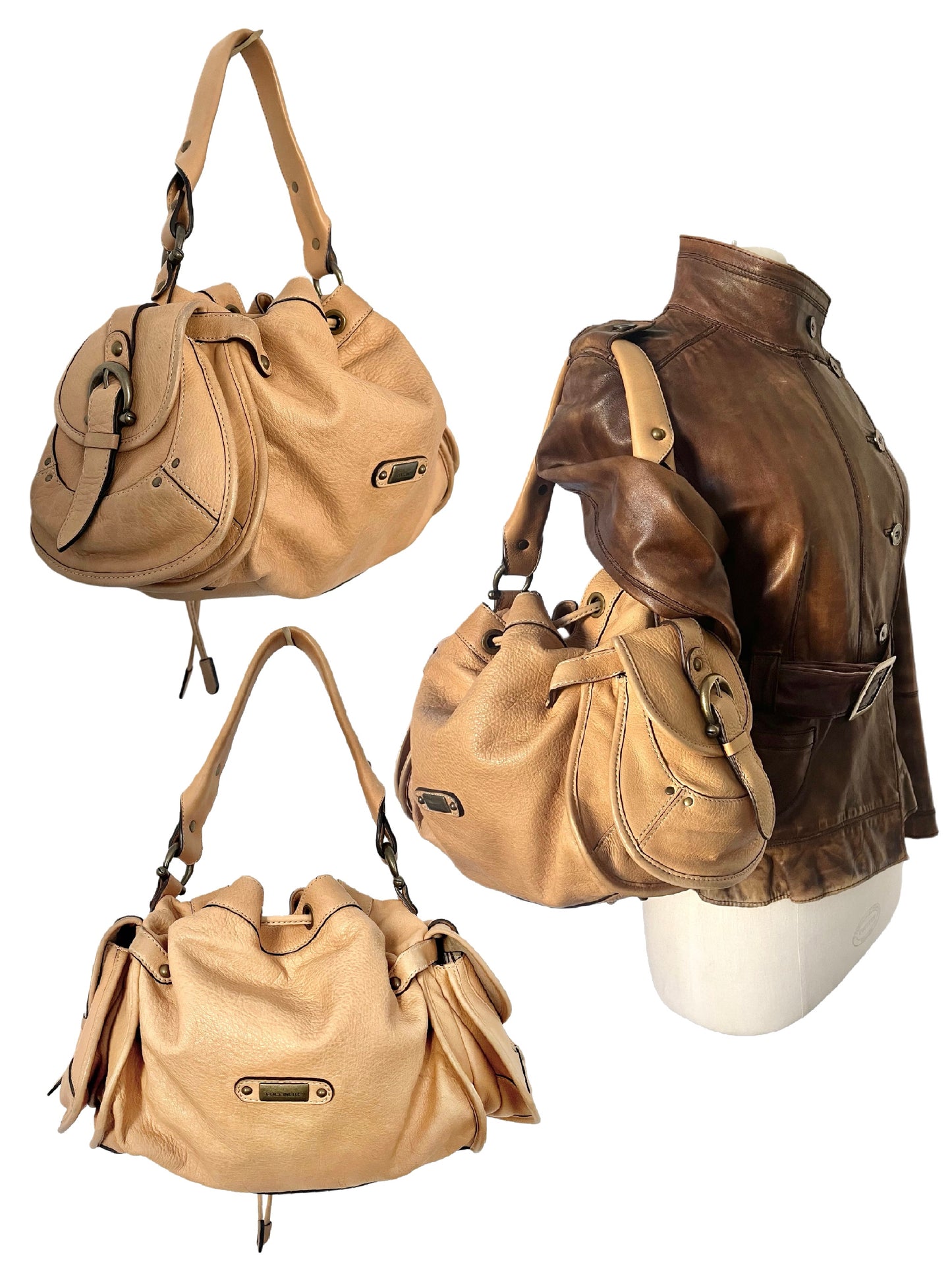 SAC À MAIN VINTAGE EN CUIR GRAINÉ BEIGE - COCCINELLE ( MODÈLE RARE )