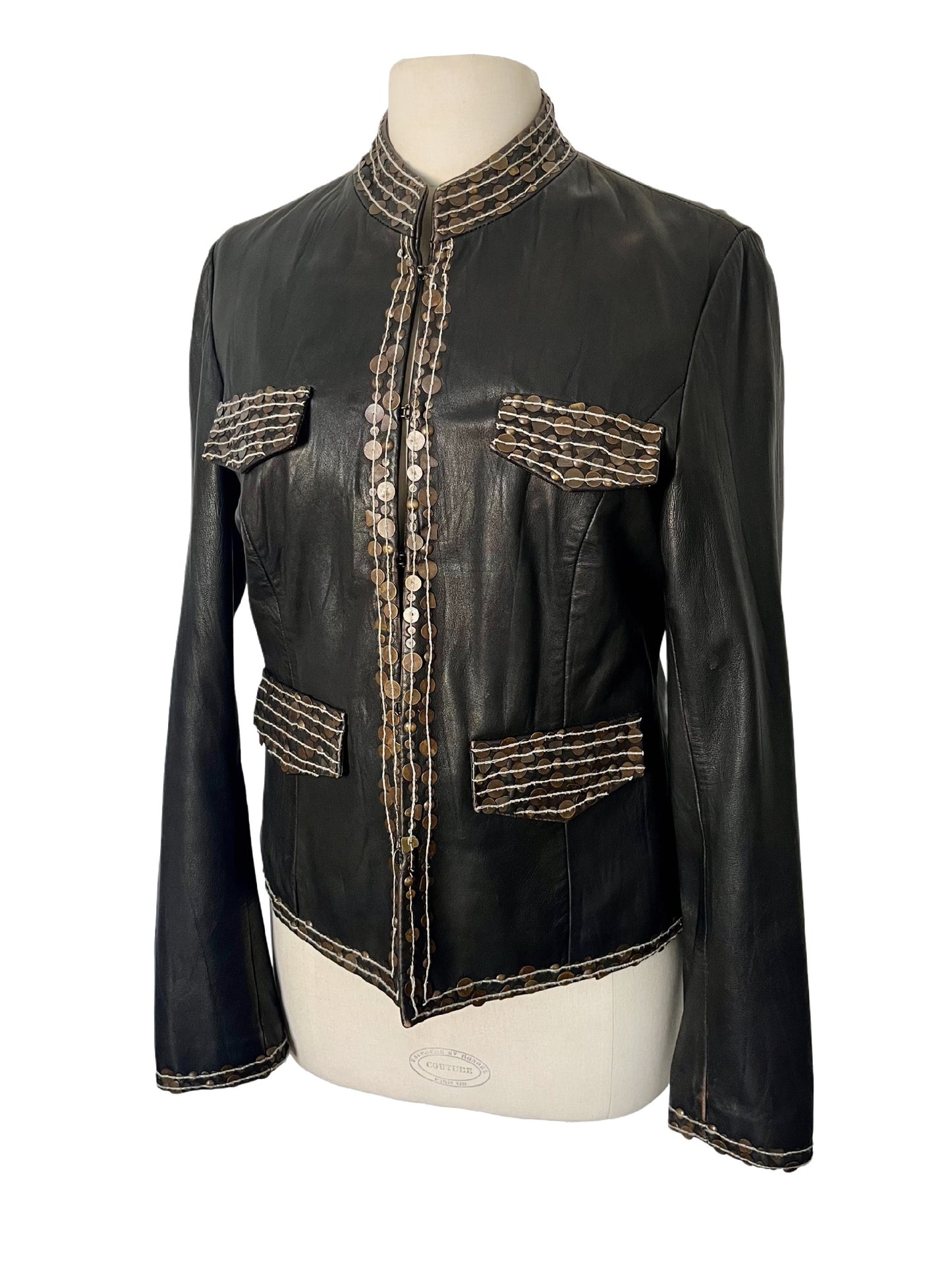 Veste En Similicuir Marron À Broderies & Sequins Mordorés (Made In India) — Taille 42/44