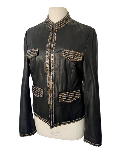 Veste En Similicuir Marron À Broderies & Sequins Mordorés (Made In India) — Taille 42/44