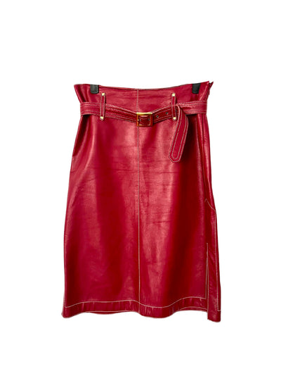 Jupe vintage mi-longue en cuir bordeaux – Taille 38