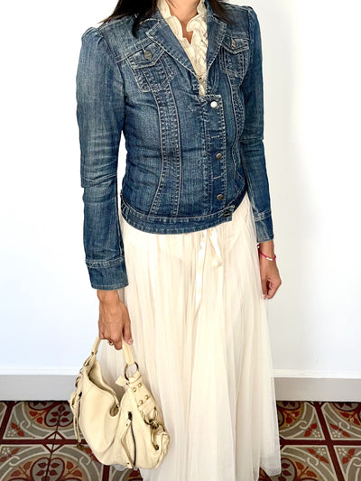 Veste en jean vintage cintrée à épaules bouffantes – Taille 38
