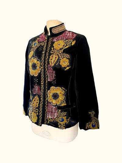 Veste Style Officier en Velours Noir & Patchwork Fleuri – Taille 42 – Très Bon État