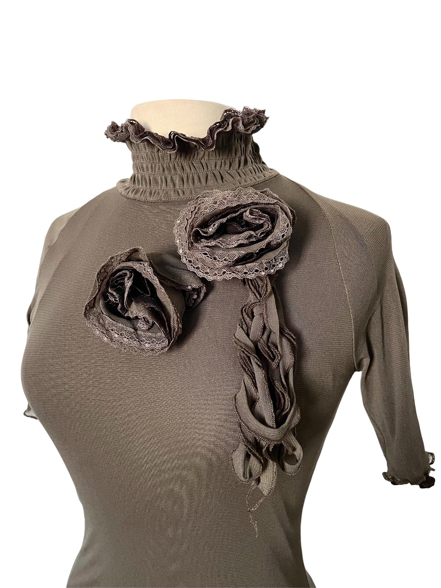 Top vintage en mesh taupe & marron à col montant smocké — (Made in Italy) — taille 38/40