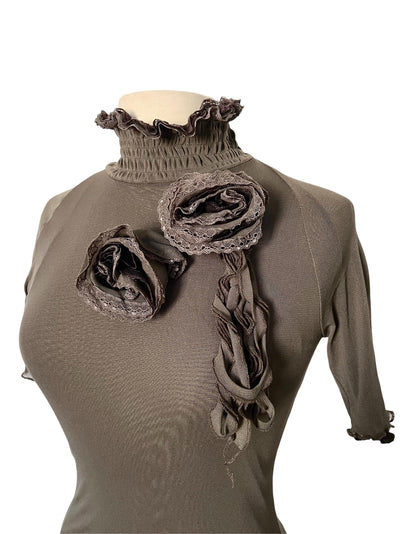 Top vintage en mesh taupe & marron à col montant smocké — (Made in Italy) — taille 38/40
