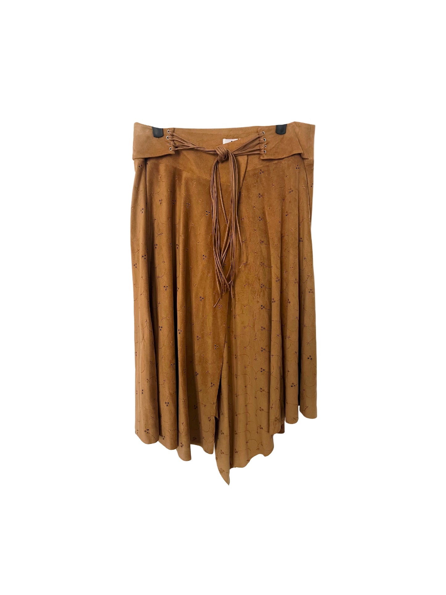 Jupe vintage asymétrique camel en matière peau de pêche – Taille 40