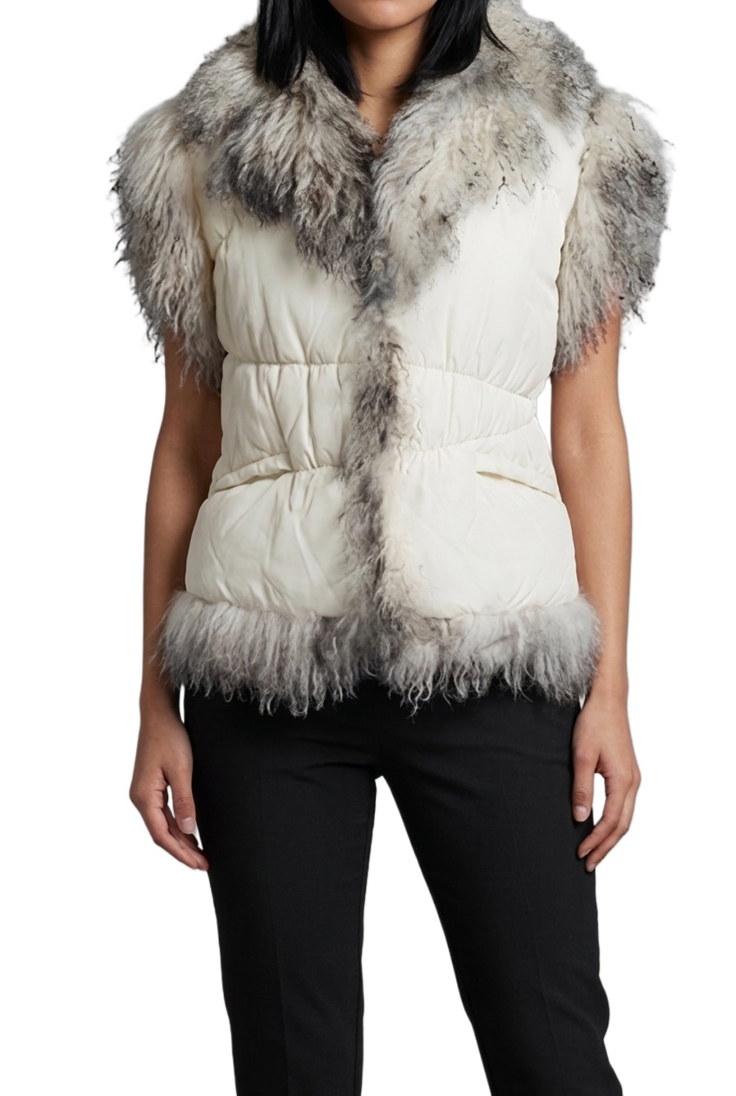 Gilet Afghan sans manches - Doudoune vintage blanche & fausse fourrure - 40/42
