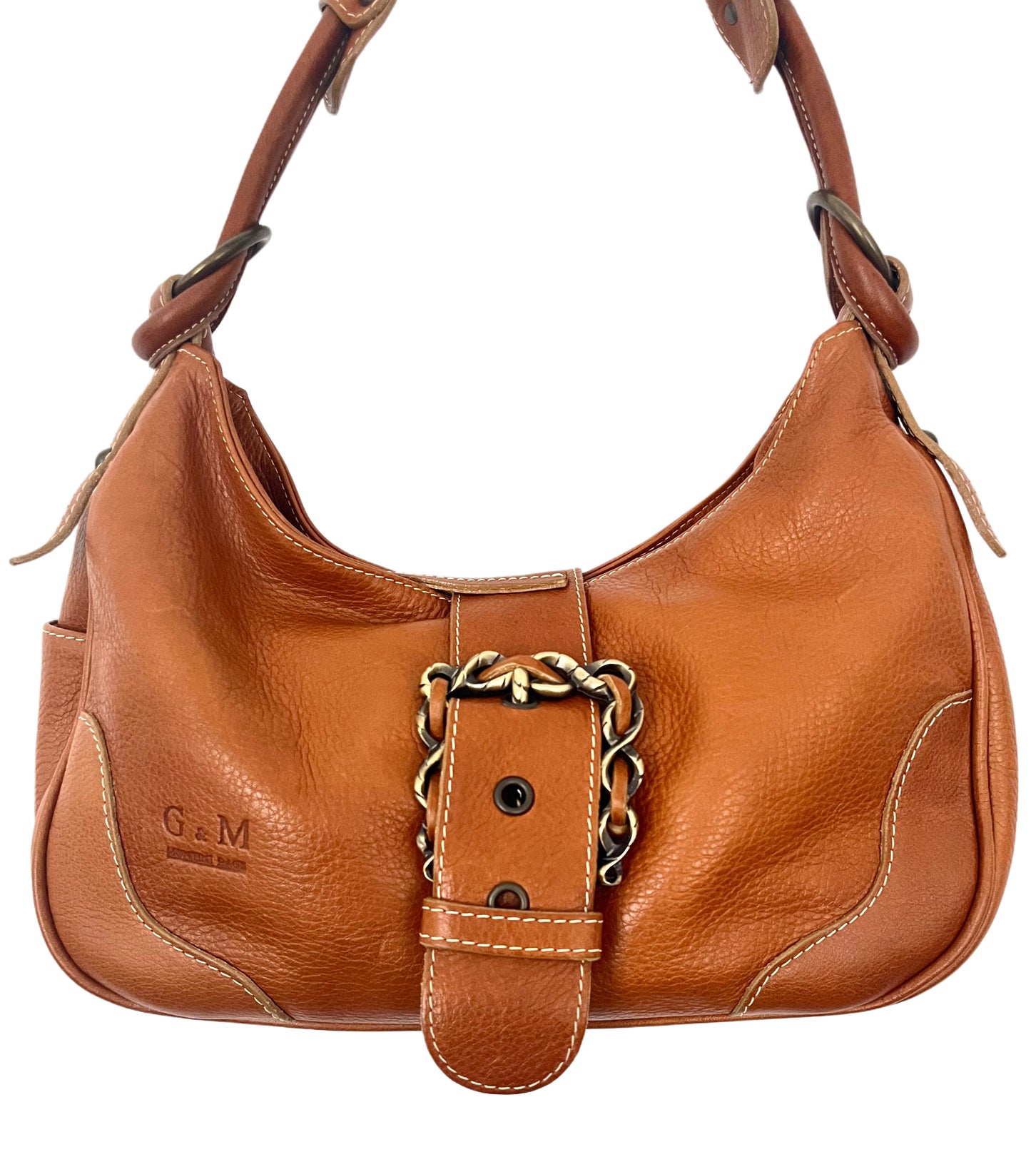 Sac Demi-Lune Vintage en Cuir Grainé Camel — (Made in Italy) — Format Medium