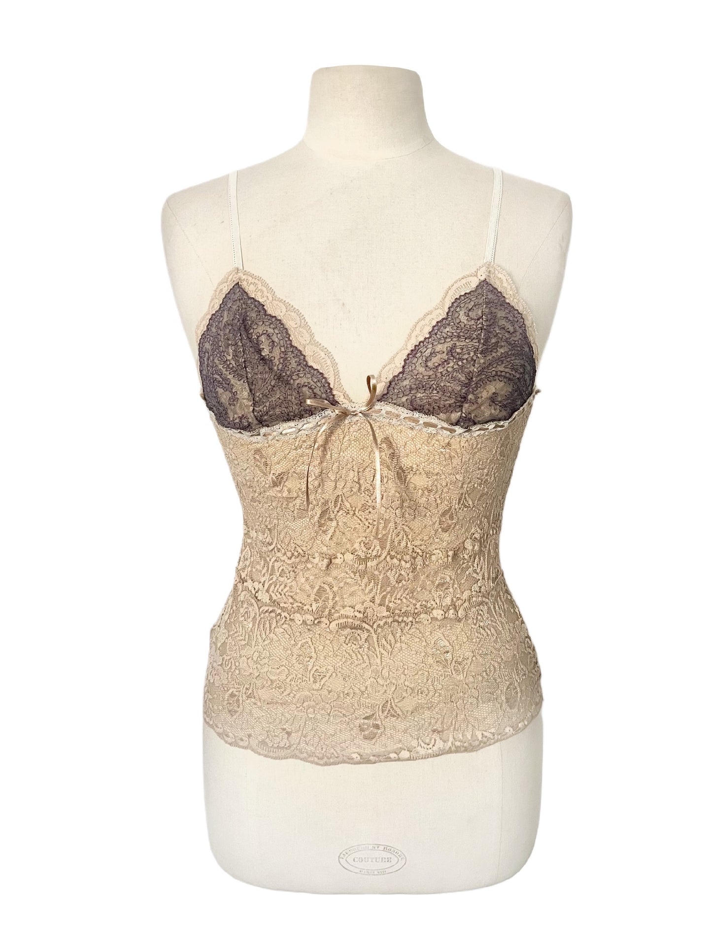 Top Lingerie Dentelle Bicolore Vintage Y2K - Fines Bretelles - Taille 38/40 (M/L)