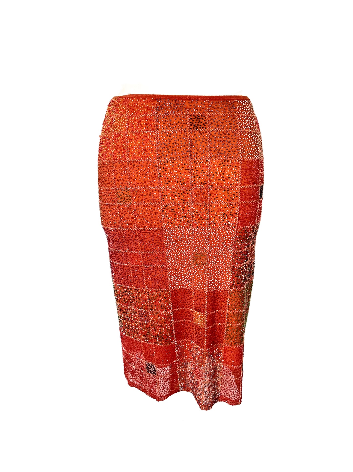 Jupe Midi Vintage Y2K Entièrement Perlée - Motif Géométrique Tons Chauds - Taille 38 (M)