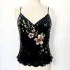Top vintage noir à fines bretelles 100% soie, broderies perlées et sequins – Taille 38/40
