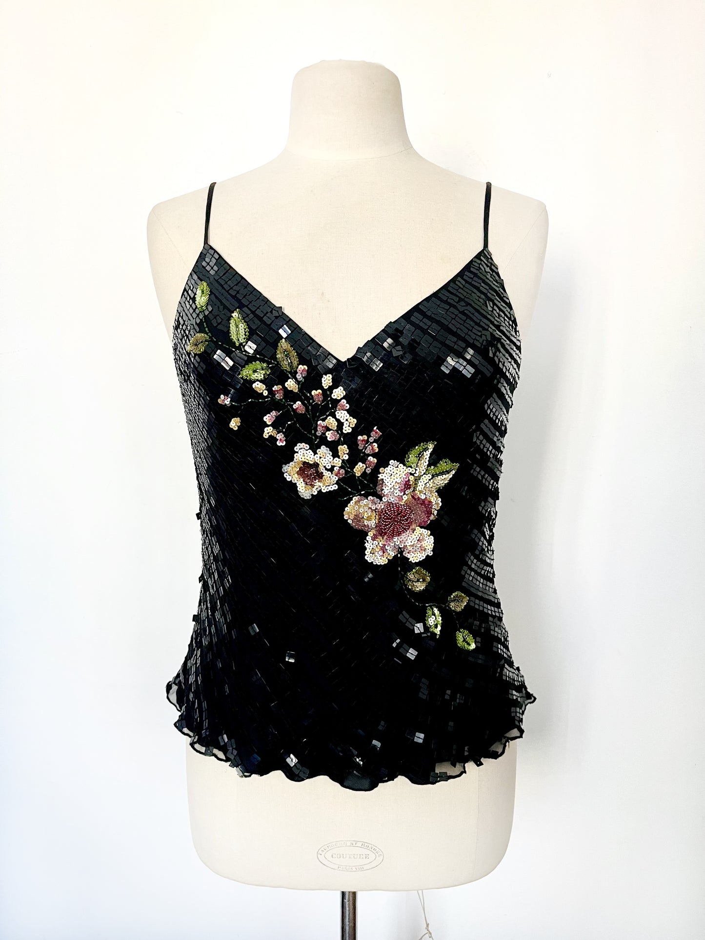 Top vintage noir à fines bretelles 100% soie, broderies perlées et sequins – Taille 38/40