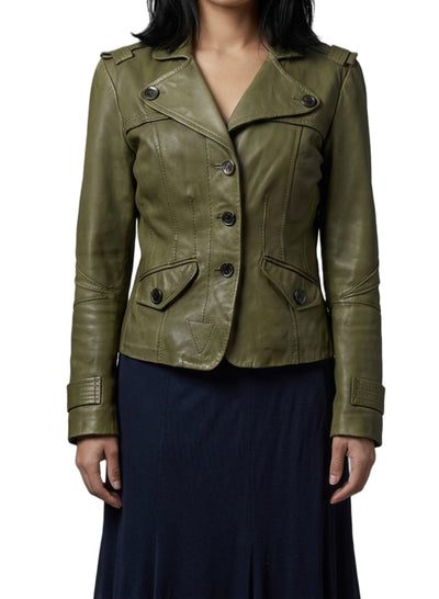 Veste vintage en cuir véritable kaki – Coupe caban cintrée – Taille 40/42