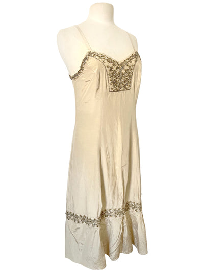 Robe Mi-Longue Dorée Scintillante en Soie — 36/38 (S) — Broderies Perlées & Dos Nu — Style Y2K